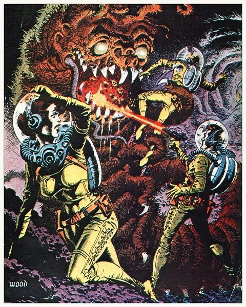 Space Explorers Battle a Beast - Preproduction Art By Wood, Unknown Film
