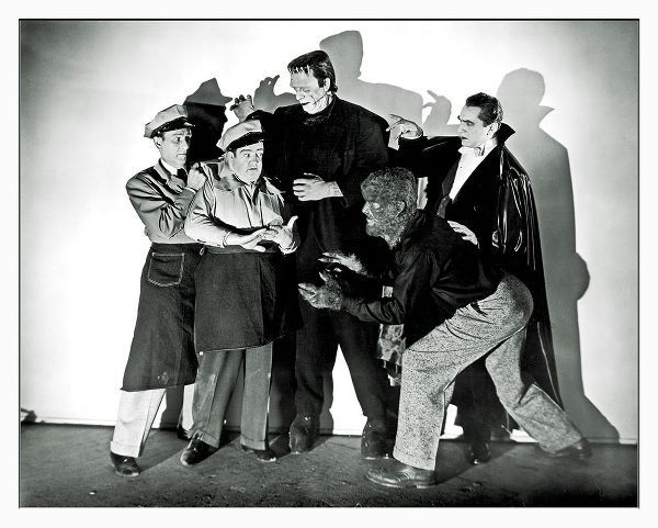 Abbott and Costello - Promotional Still with Frankenstein, Dracula and Wolfman