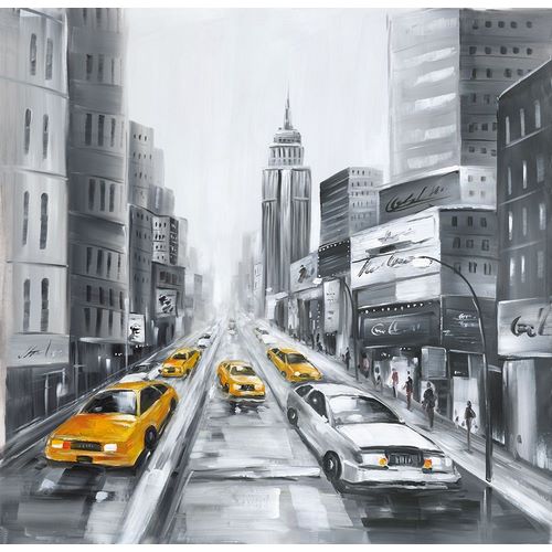 GRAYSCALE STREET WITH YELLOW CARS