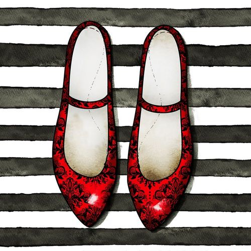 RED GLOSSY SHOES ON STRIPED BACKGROUND