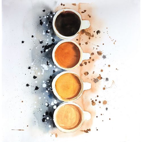 FOUR CUPS OF COFFEE WITH PAINT SPLASH