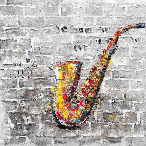 Graffiti of a saxophone on brick wall
