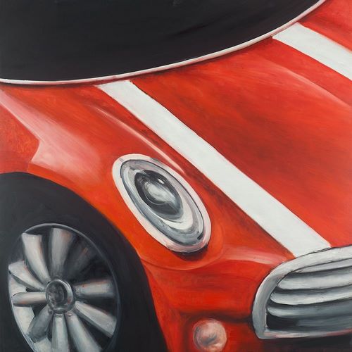 RED CAR WITH WHITE STRIPES CLOSEUP