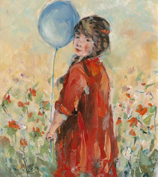 Young Girl whit balloon flowery field