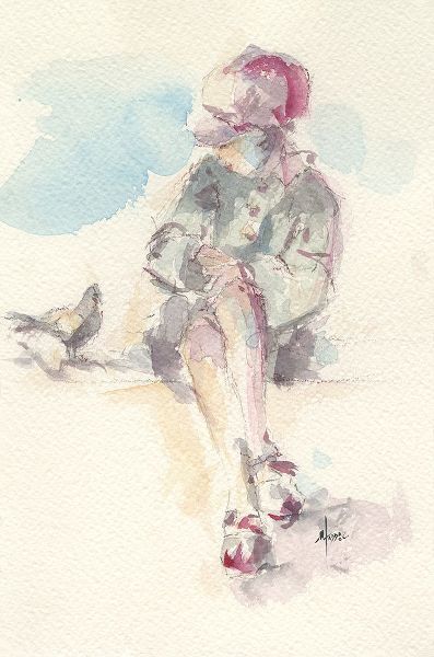Fadda, Maria Nella 작가의 Sitting Girl with Pink Hat and a Bird 작품