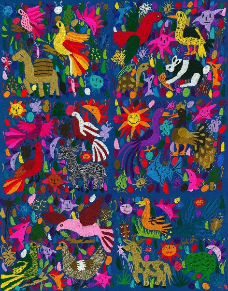 Amazing multicoloured mexican tapestry on blue background
