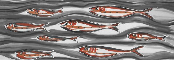 Swimming red fishes in black and grey sea