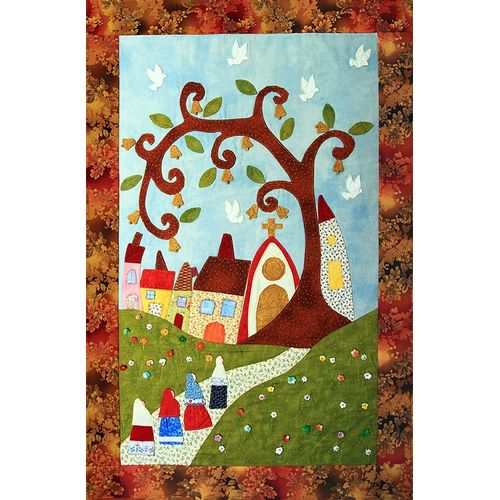 Country Patchwork with tree, church and houses