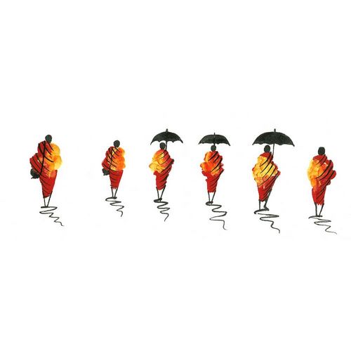Six african men in orange clothes and umbrellas I