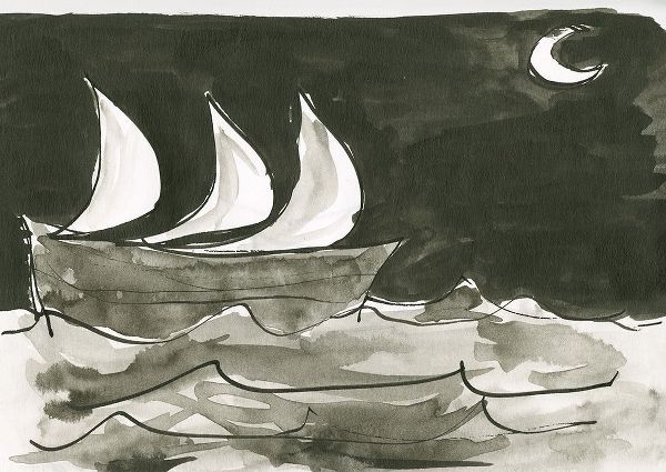 Sailing ship with crescent moon