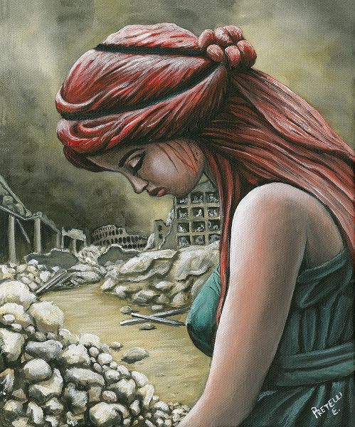 Sad red hair girl crying on rome ruins