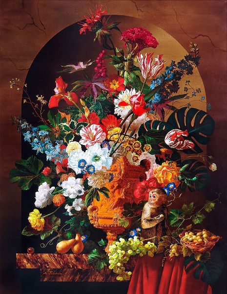 Still life with a monkey, flowers and fruits