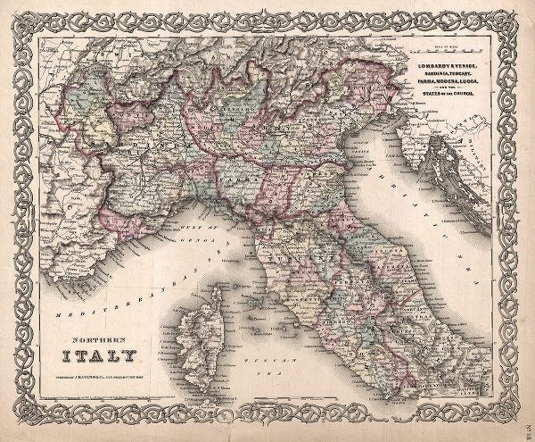 1855 Coltons Vintage Map of Northern Italy and Corsica