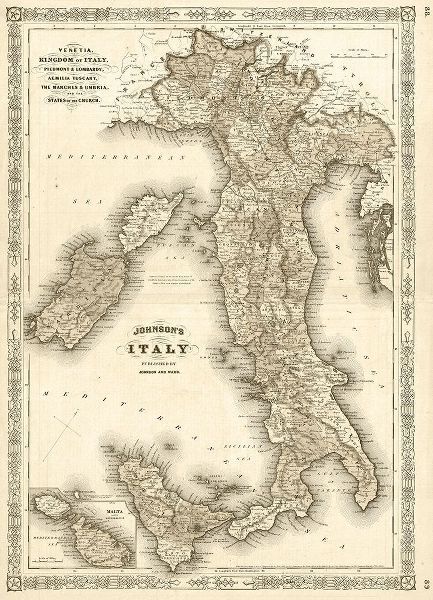 1866 Johnson Map of Italy Antiqued