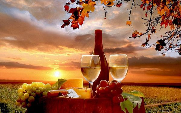 Bottle of Wine with Fruits At Sunset