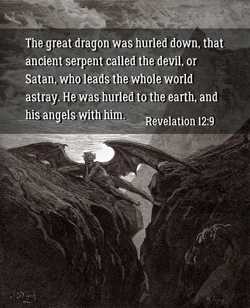 Bible Verse Quote Revelation 12:9, Gustave Dore - Satan Resting on the Mountain