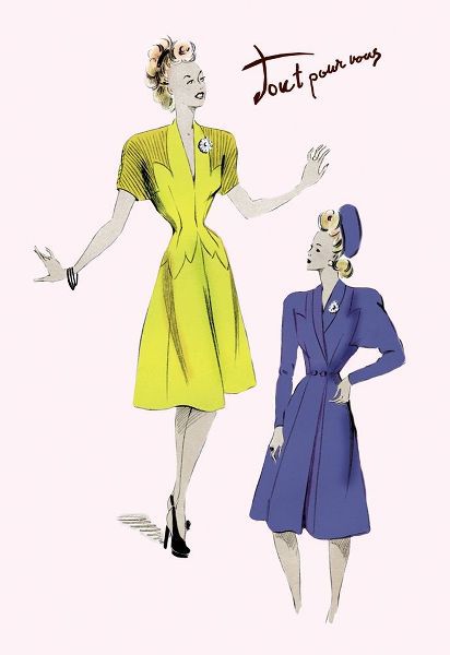 Knee-Length Dresses in Blue and Yellow, 1947