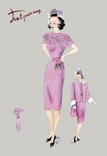 Pink Evening Dress with Overcoat and Hat, 1947