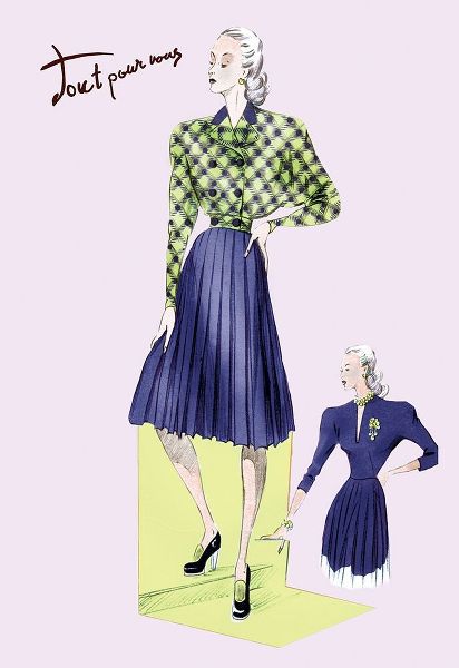 Pleated Dress with Plaid Jacket, 1947