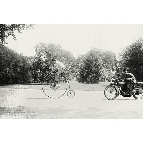 Motorcycle cop chases a Penny Farthing Velocipede