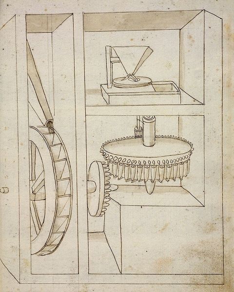 Folio 40: mill with overshot water wheel