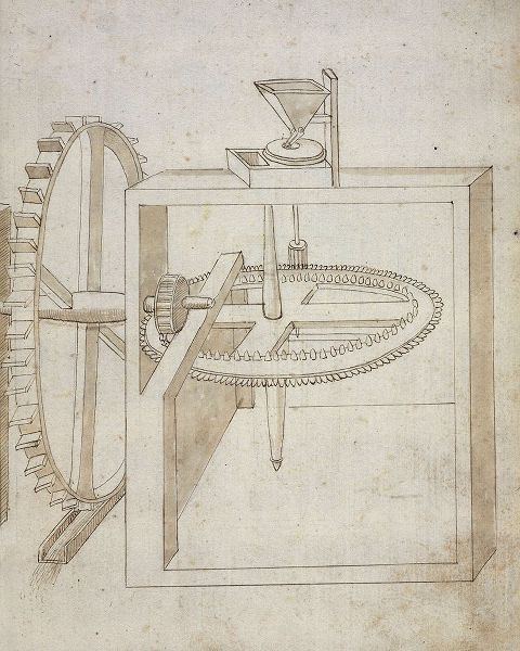 Folio 22: mill powered by undershot water wheel