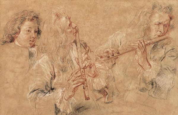 Two Studies of a Flutist and a Study of the Head of a Boy