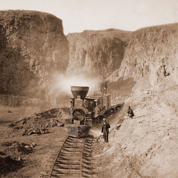 First Construction Train passing the Palisades, Ten Mile Canon, Nevada, 1866-1869