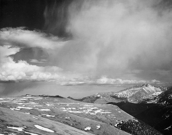 Mountain tops, low horizen, low hanging clouds,  in Rocky Mountain National Park, Colorado, ca. 1941