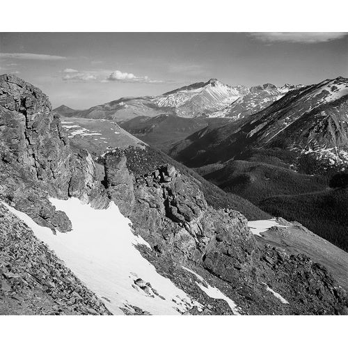 View of barren mountains with snow,  in Rocky Mountain National Park, Colorado, ca. 1941-1942
