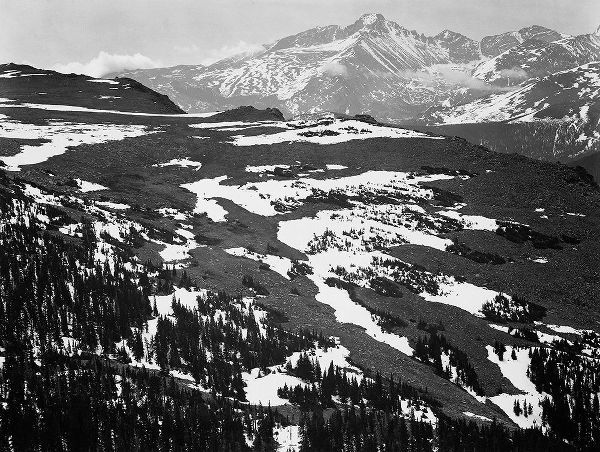 View of plateau, snow covered mountain in background, Longs Peak,  in Rocky Mountain National Park,
