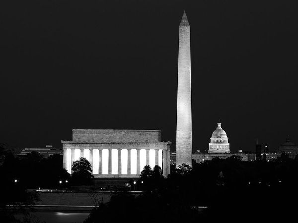 Our treasured monuments at night, Washington D.C. - Black and White Variant