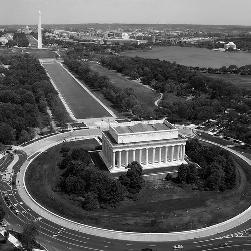Aerial of Mall showing Lincoln Memorial, Washington Monument and the U.S. Capitol, Washington, D.C.