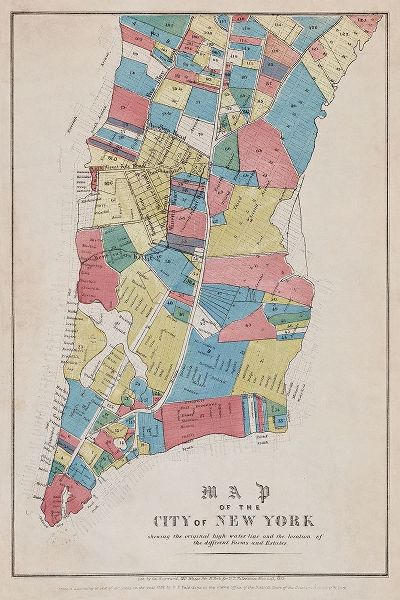 Map of the City of New York showing original high water line and the location of different Farms and