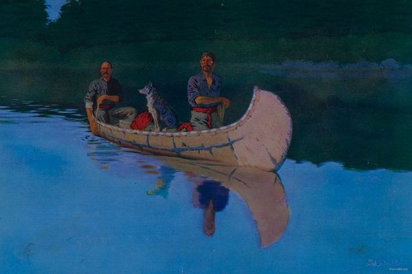 Evening On A Canadian Lake-Two men and a dog in a canoe