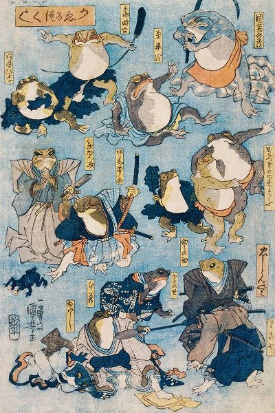 Famous Heroes of the Kabuki Stage Played by Frogs