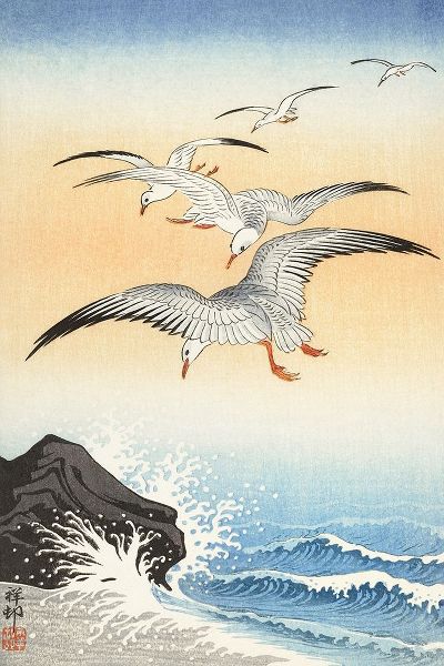 Five seagulls above turbulent sea