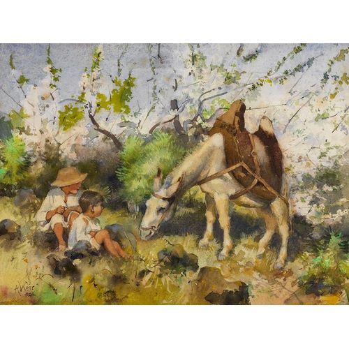 Summer landscape with children and donkey