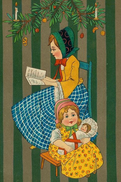 Christmas postcard with two seated girls
