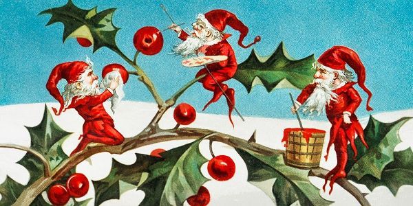 Santa elves painting berries on holly leaves