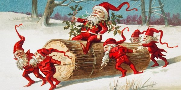 Santa elves sliding on a log