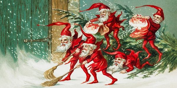 Santa elves sweeping snow혻
