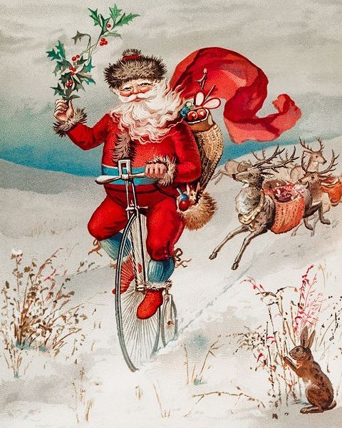 Santa Claus on a penny farthing