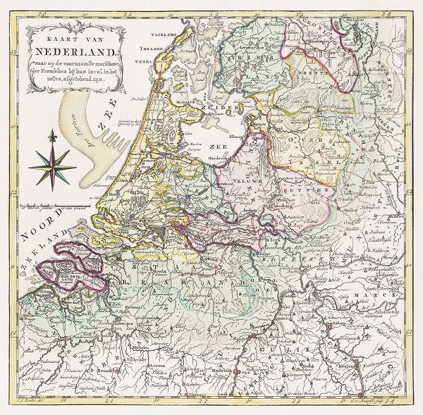 Baarsel, Cornelis van 아티스트의 Map of the Netherlands with the marching routes of the French army 1792 작품