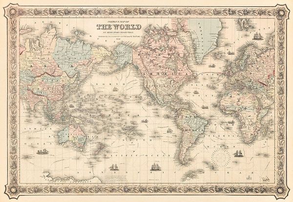 J H Colton and Co 아티스트의 Coltons Map of the World on Mercators Projection 1858 작품