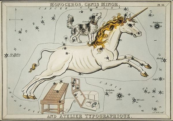 Hall, Sidney 아티스트의 Astronomical chart illustration of the Monoceros-Canis Minor and the Atelier Typographique 작품