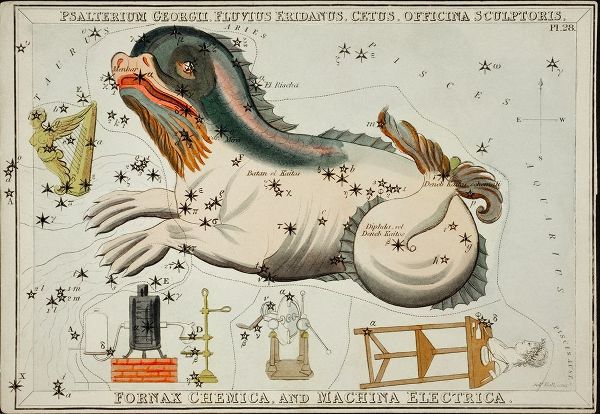 Hall, Sidney 아티스트의 Astronomical chart illustration of the Psalterium Georgii-Fluvius Eridanus-Cetus-Officinal Scupltori 작품
