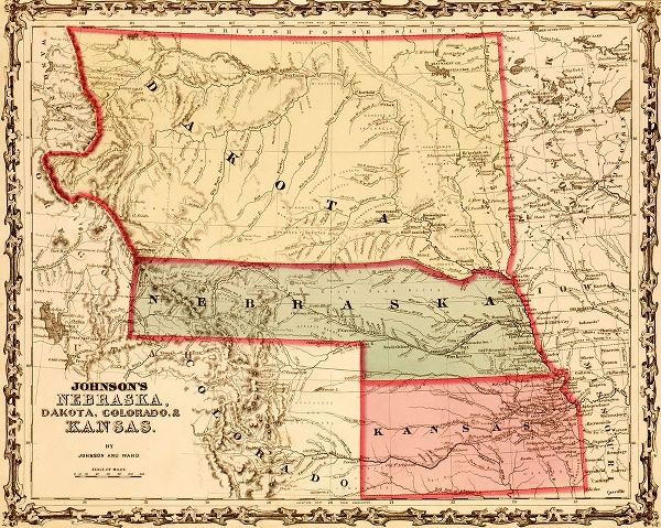 Vintage Maps 아티스트의 Nebraska Colorado and Kansas 1862 작품