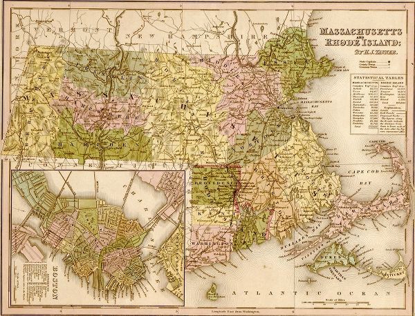 Vintage Maps 아티스트의 Massachusetts and Rhode Island 1844 작품