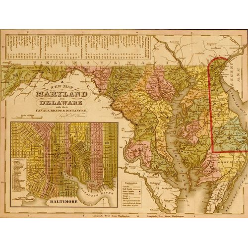 Vintage Maps 아티스트의 Maryland Delaware and Baltimore 1844 작품